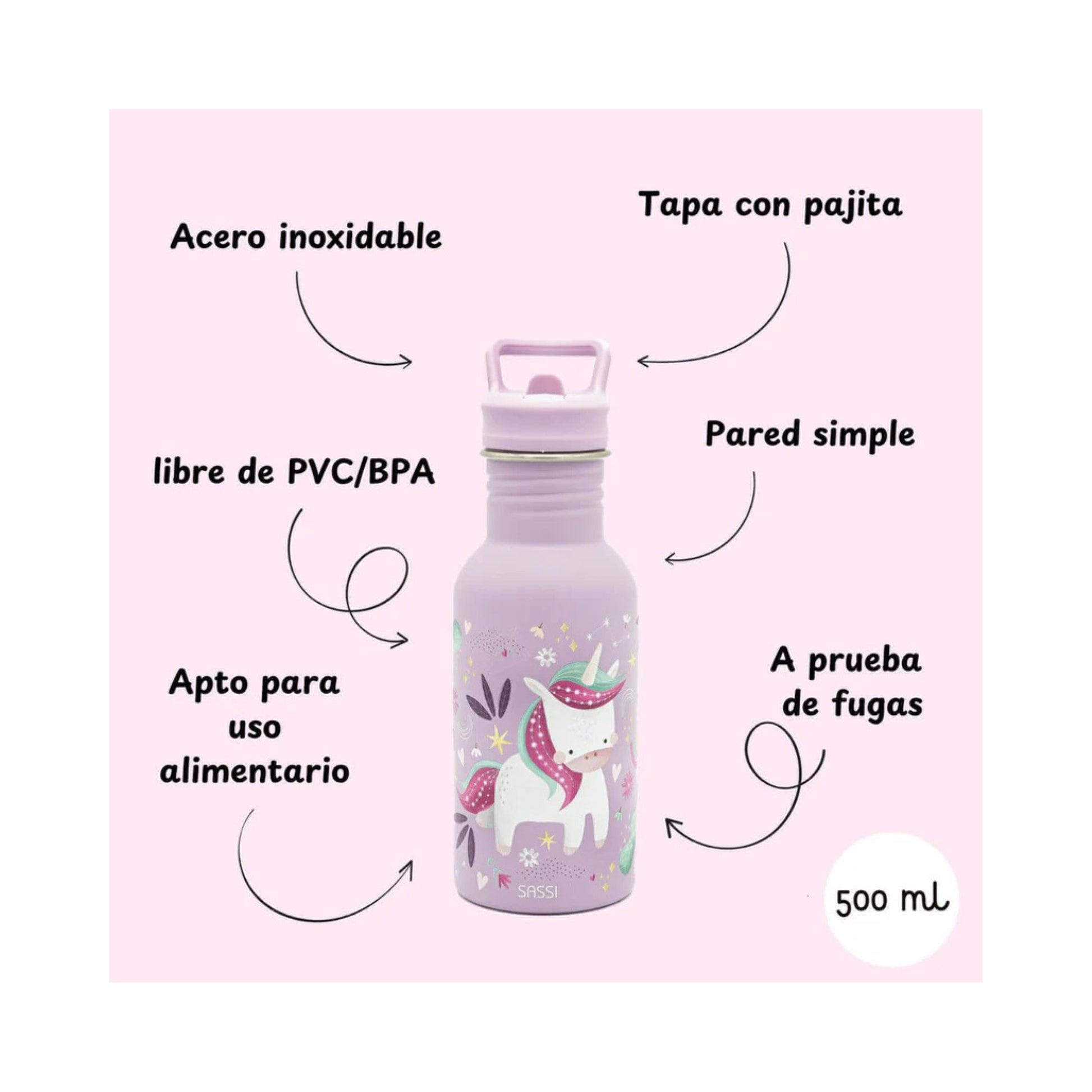 Botella Acero Inoxidable 500ml – Unicornio | Sassi