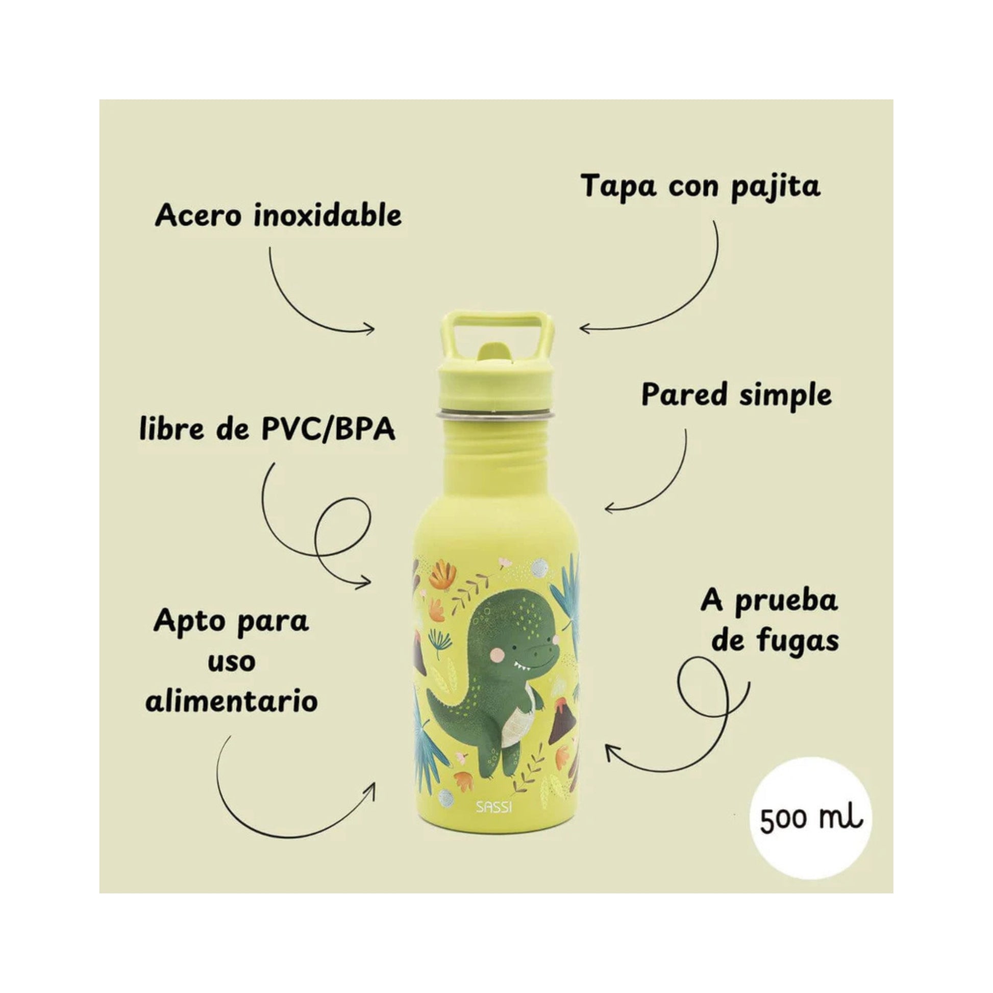 Botella de Acero Inoxidable Dinosaurio | Sassi